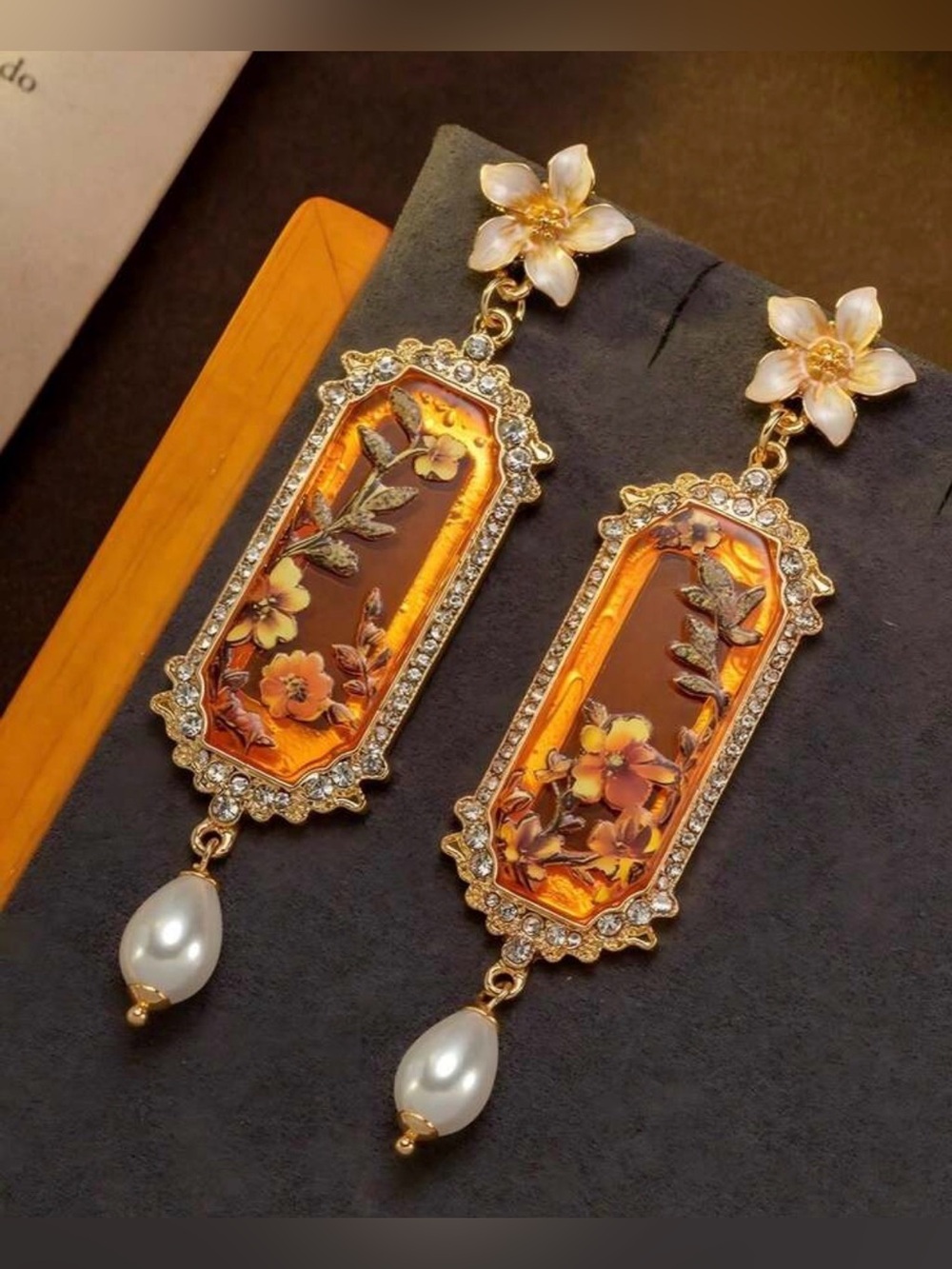 Vintage Amber Floral Glass Drop Earrings with Pearl and Gold Accents